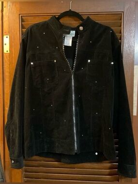 Quacker Factory: black corduroy bedazzled/scattered rhinestones embellished coat